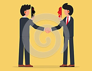 Liar or suspicion fraud, betrayal or disguise deal. businessmen handshake both holding mask to hide real thought.