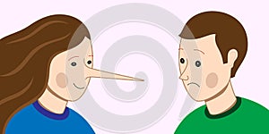 Liar woman with long nose, cheating on partner man. Dishonest relations concept vector illustration