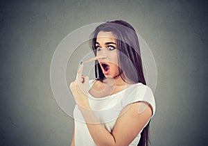 Liar woman with long nose feeling shocked