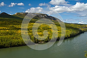 Liard River flows through foothills immersed in fall colors