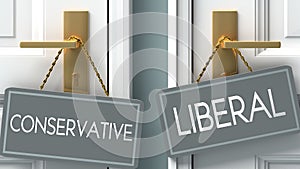 Liberal or conservative as a choice in life - pictured as words conservative, liberal on doors to show that conservative and