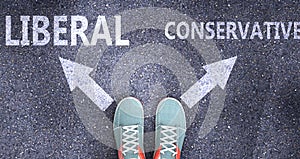 Liberal and conservative as different choices in life - pictured as words Liberal, conservative on a road to symbolize making