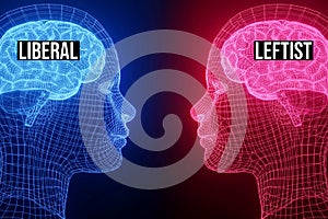Liberal vs Leftist concept background with Glowing Brains in Red and Blue. photo