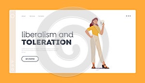 Liberalism And Toleration Landing Page Template. Woman Hide Face Behind Of Mask. Female Character Deception, Hypocrisy