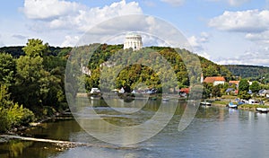 Liberation Hall neoclassical monument on Michelsberg hill above the town of Kelheim in Bavaria on the river Danube