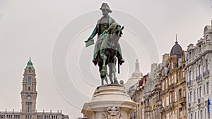 Liberdade square with monument of King Peter IV and Porto city hall timelapse , Porto, Portugal