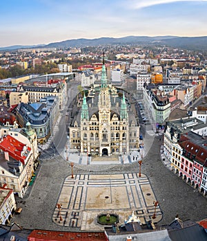 Liberec, Czechia. Aerial view of central square and Town Hall