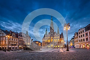 Liberec, Czechia. View of main square with Town Hall at dusk