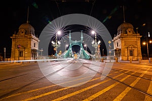 Liberty Bridge in Budapest in the evening time, with starry traffic lights