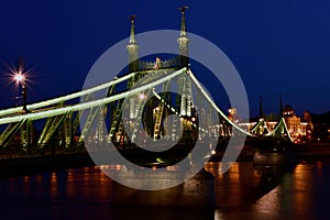 The Liberty bridge in Budapest. evening view at the Danube at blue hour