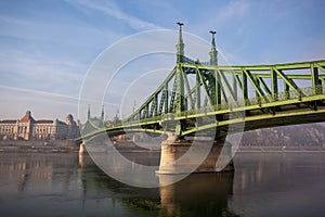 The Liberty Bridge in Budapest in Hungary, it connects Buda and Pest cities  across the  Danube river. shortest bridge in Budapest