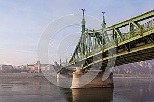 The Liberty Bridge in Budapest in Hungary, it connects Buda and Pest cities across the Danube river