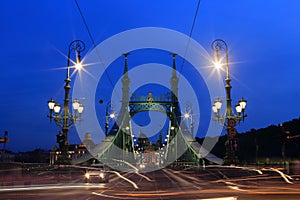 The Liberty Bridge (Green) in Budapest at the night, Hungary