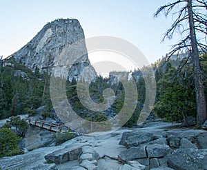 Liberty Cap mountain peak and Nevada Falls seen from the Mist Hiking Trail in Yosemite National Park in California USA