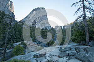 Liberty Cap mountain peak and Nevada Falls seen from the Mist Hiking Trail in Yosemite National Park in California USA