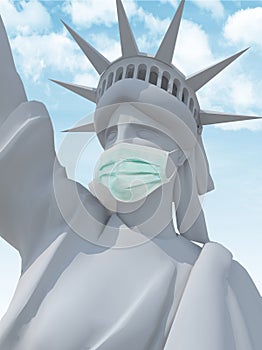 Liberty sculpture with surgeon mask close-up