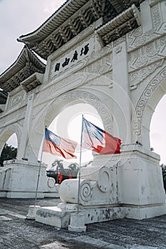 Liberty Square Arch in Taipei with Flag of Taiwan waving in the wind