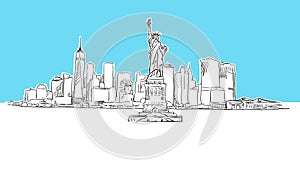 Liberty Statue With New York City Skyline Panorama Vector Sketch