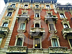 Liberty style architecture in Turin city, Piedmont region,  Italy. Art, inspiration, history and touristic attraction