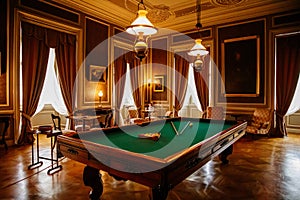 Libochovice, Bohemia, Czech Republic, 19 September 2021: Castle interior with baroque wooden carved furniture, games room, large