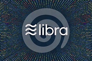 Libra cryptocurrency symbol. A tunnel from a computer program code. Programmer Strings of code, Javascript, CSS and PHP. Hacking