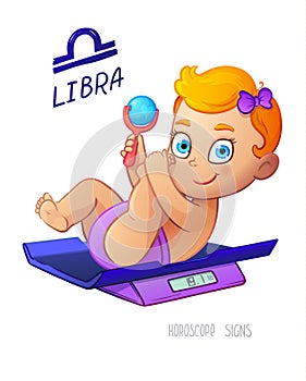 LIBRA horoscope sign. Baby Girl lies on the scales and playing rattle. LIBRA zodiac sign.