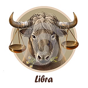 Libra metal ox year horoscope zodiac sign isolated. Digital art illustration of chinese new year symbol, astrology lunar