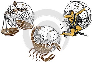 Libra, Scorpio, Sagittarius zodiac sign. Horoscope photo