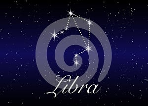 Libra zodiac constellations sign on beautiful starry sky with galaxy and space behind. Balance horoscope symbol constellation