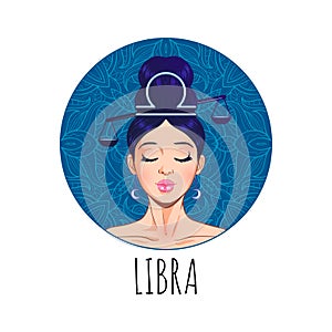 Libra zodiac sign artwork, beautiful girl face, horoscope symbol, star sign, vector illustration photo