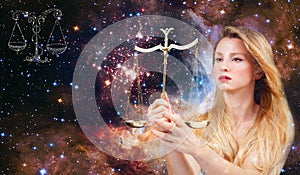 Libra Zodiac Sign. Astrology and horoscope, Beautiful woman Libra on the galaxy background