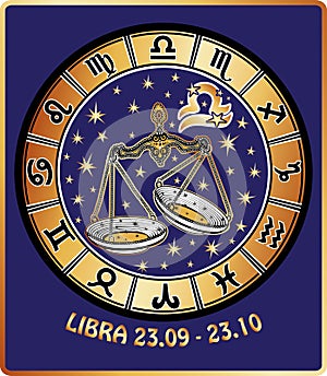 Libra zodiac sign.Horoscope circle.Retro