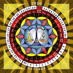 Libra zodiacal circle caledar of year 2020 with features