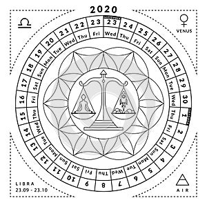 Libra zodiacal coloring book with caledar of year 2020