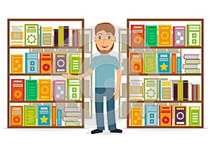 Librarian or bookseller against shelves with books.