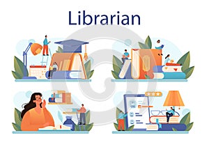 Librarian concept set. Library staff cataloguing and sorting books.