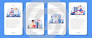 Librarian mobile application banner set. Library staff cataloguing
