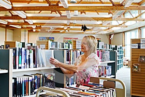 Librarian replacing books on shelves