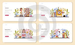 Librarian web banner or landing page set. Library staff cataloguing