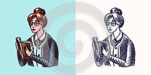 Librarian woman with glasses and a book. Literature concept. School teacher. Vintage retro signs. Doodle style. Engraved