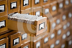 Library or archive reference card catalog. Database, knowledge base concept.