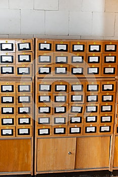 Library or archive reference card index catalog. Database, knowledge base concept. Old library or archive reference