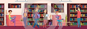Library background. Kids students choosing books on the shelves in biblioteca vector cartoon illustrations