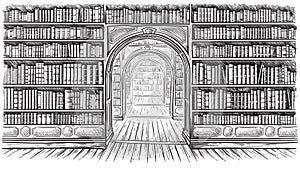 Biblioteca un libro estantes gráfico bosquejo negro blanco ilustraciones 