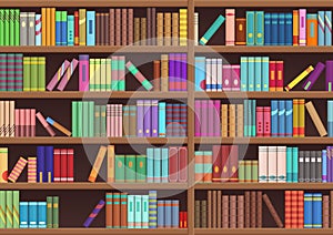 Library book shelf literature books cartoon vector background.