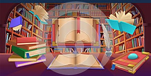 Library book shelves with flying books, stack of books, old open book,  cartoon vector illustration