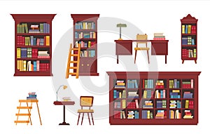 library. book shelves for library interiors symbols of knowledge wooden furniture for books novels. Vector literature