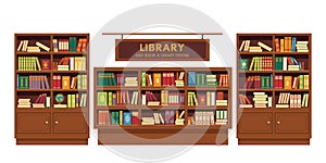 Library book shelves wooden furniture education and knowledge photo