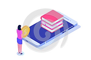 Library or Book Shop mobile online isometric concept. Micro people buying books.