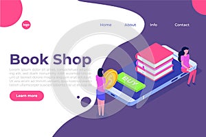 Library or Book Shop mobile online isometric concept. Micro people buying books.